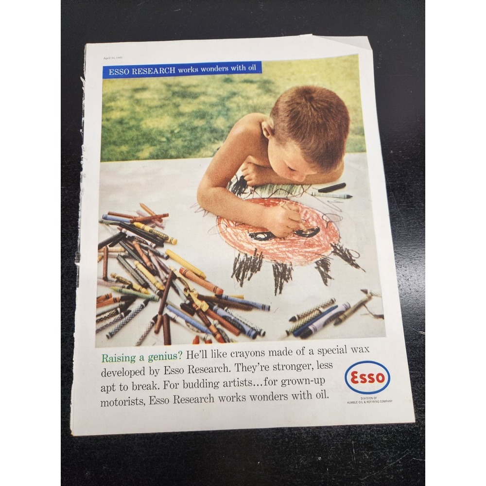 Esso Magazine Ad Research Oil Crayons 1960 Humble Oil Automobilia 13.5x10.5